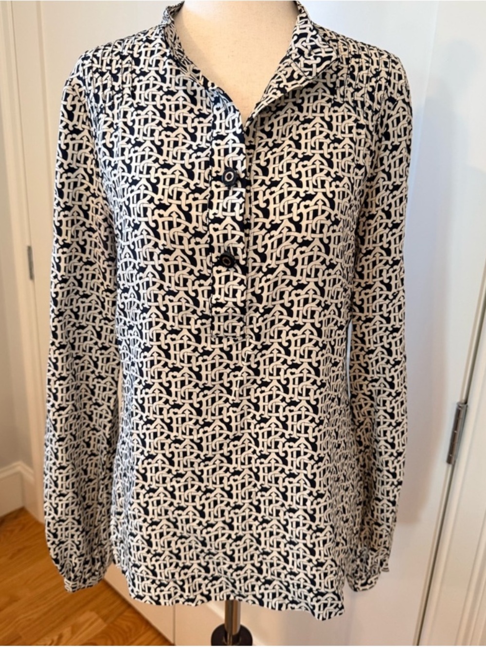 Tory Burch Navy & Ivory Monogram Button-Down Blouse